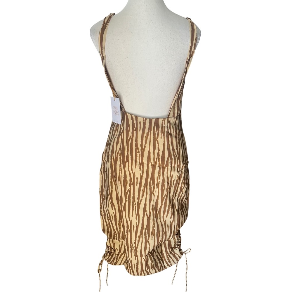 Backyard Roses Ryder Midi Dress Womens‎ Tan Brown Abstract Print Ruched Cinch XL - Picture 5 of 6